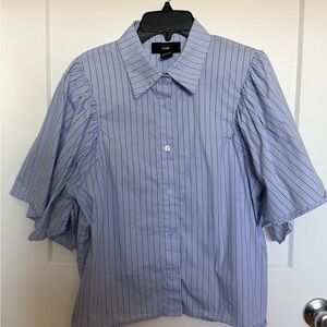 Women’s Blue Striped Button-Up Shirt flared 3/4 sleeve